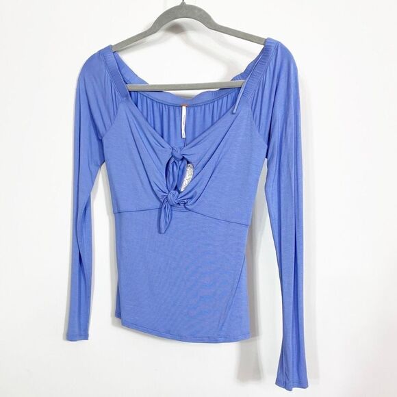 Free People Top Blouse Double Knot Off the Shoulder Blue Womens Small NEW - Picture 2 of 6